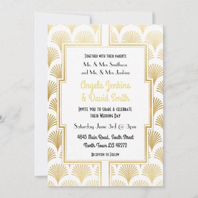 1920's White & Gold Art Deco Fan Gatsby Wedding Invitation (Front)