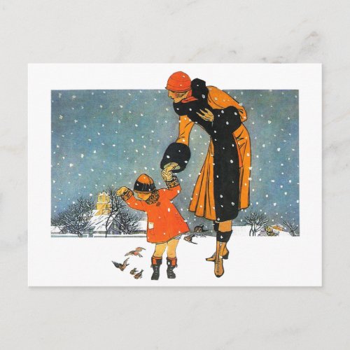 1920s Winter Scene _ Woman  Child Feeding Birds Postcard