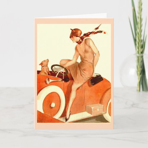 1920s woman car and dog card
