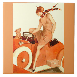 1920s woman, car and dog ceramic tile