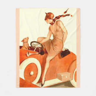 1920s woman, car and dog fleece blanket