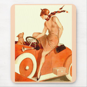 1920s woman, car and dog mouse pad