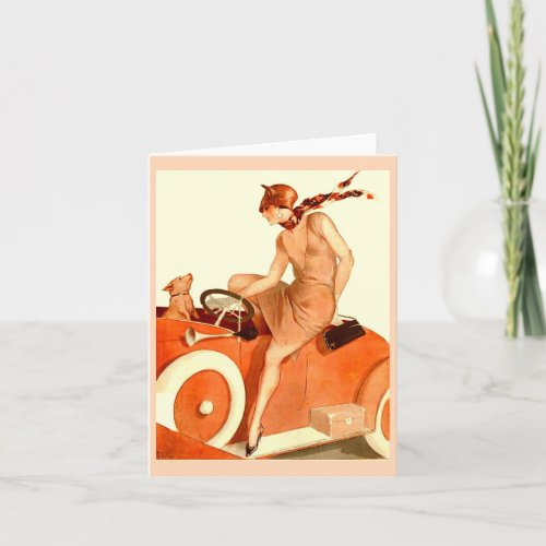 1920s woman car and dog note card