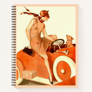 1920s woman, car and dog notebook