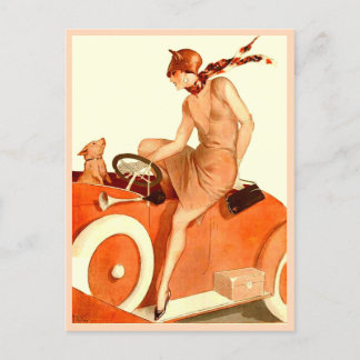 1920s woman, car and dog postcard