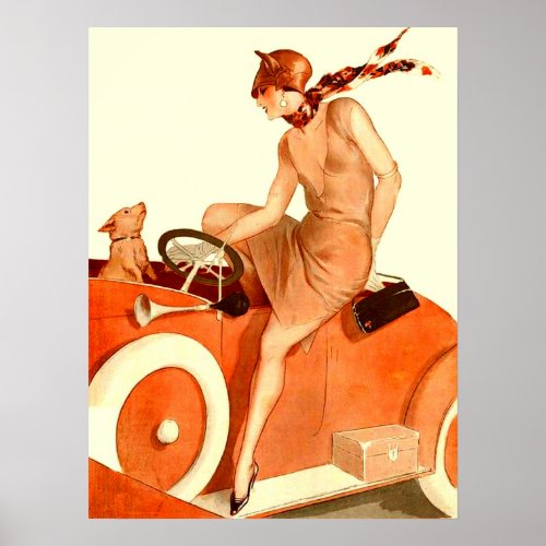1920s woman car and dog poster
