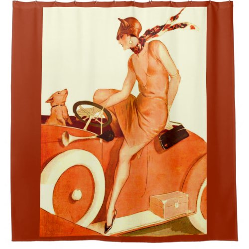 1920s woman car and dog shower curtain