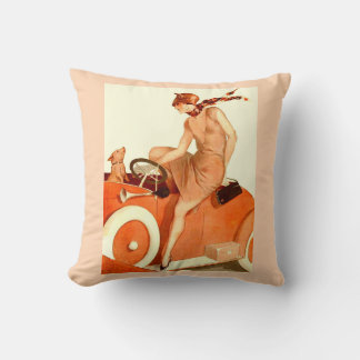 1920s woman, car and dog throw pillow