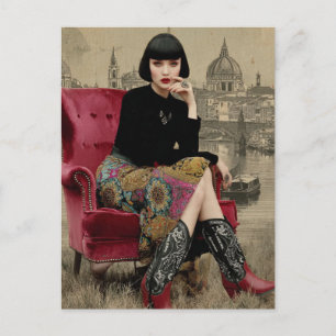 1920s Woman in Colorful Skirt and Boots Postcard
