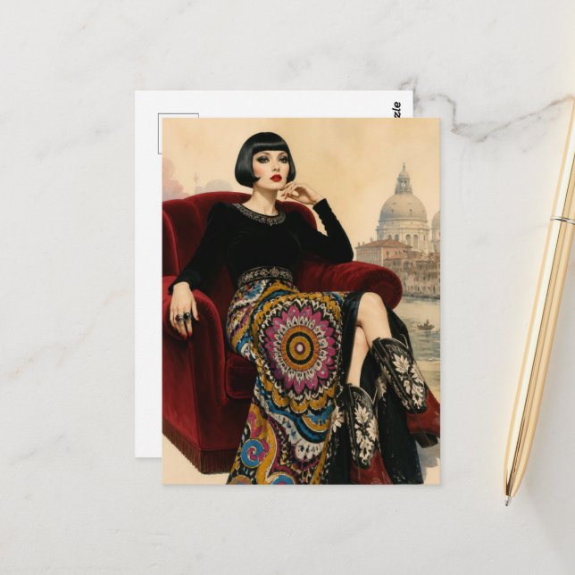 1920s Woman Sits in a Red Chair Postcard (Front/Back In Situ)