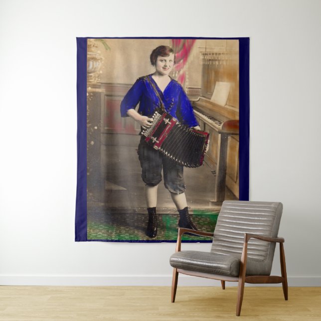 1920s young lady accordionist RPPC print Tapestry (In Situ)