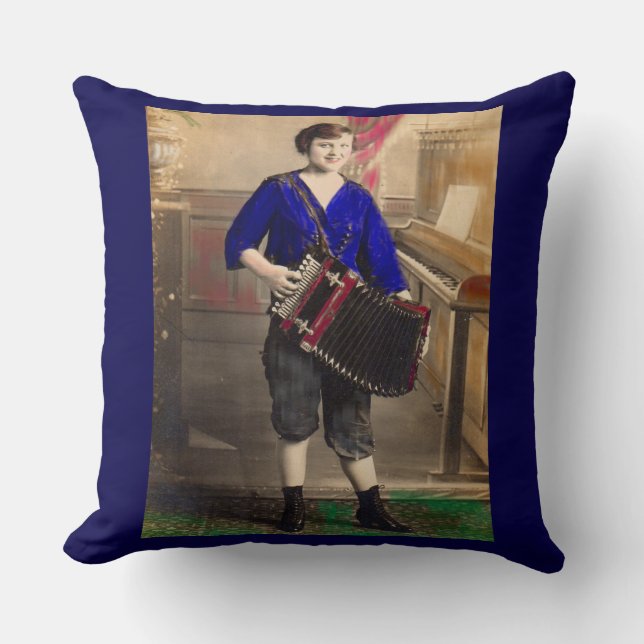 1920s young lady accordionist RPPC print Throw Pillow (Front)