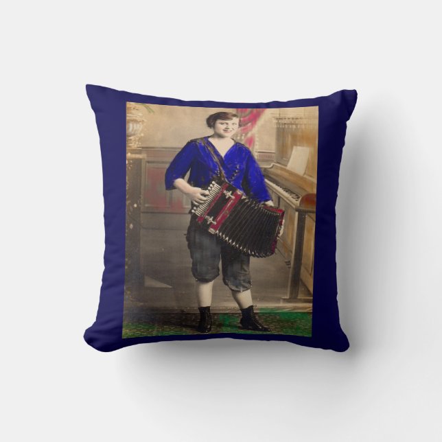 1920s young lady accordionist RPPC print Throw Pillow (Front)