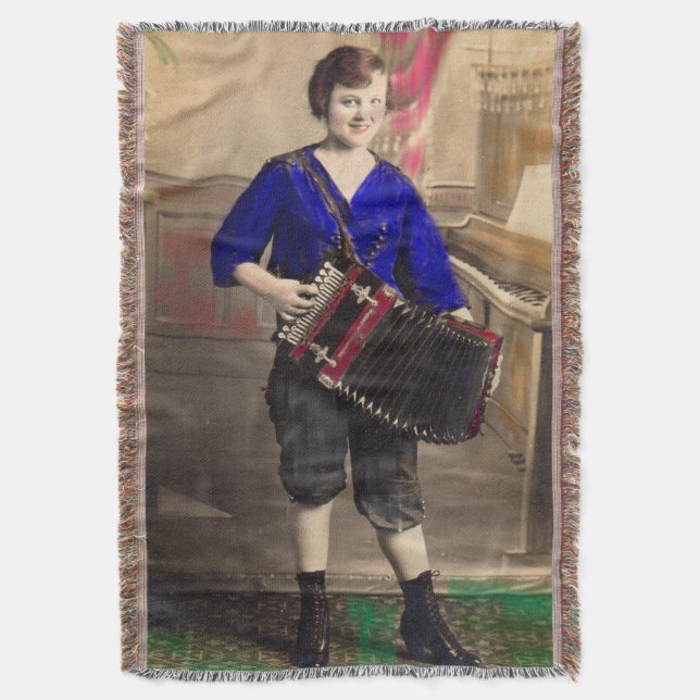 1920s young lady accordionist RPPC Throw Blanket (Front Vertical)