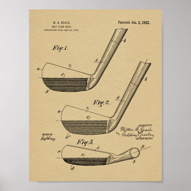 1922 Golf Club Head Design Patent Art Print (Front)