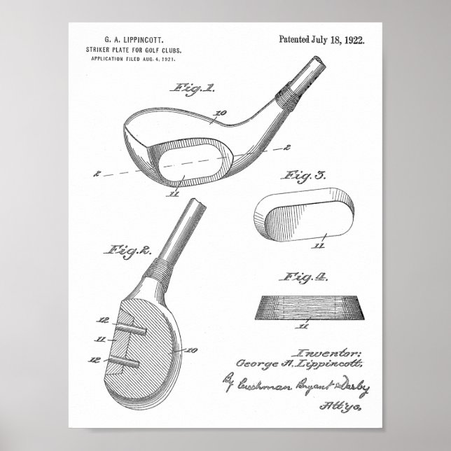 1922 Golf Club Head Design Patent Art Print (Front)