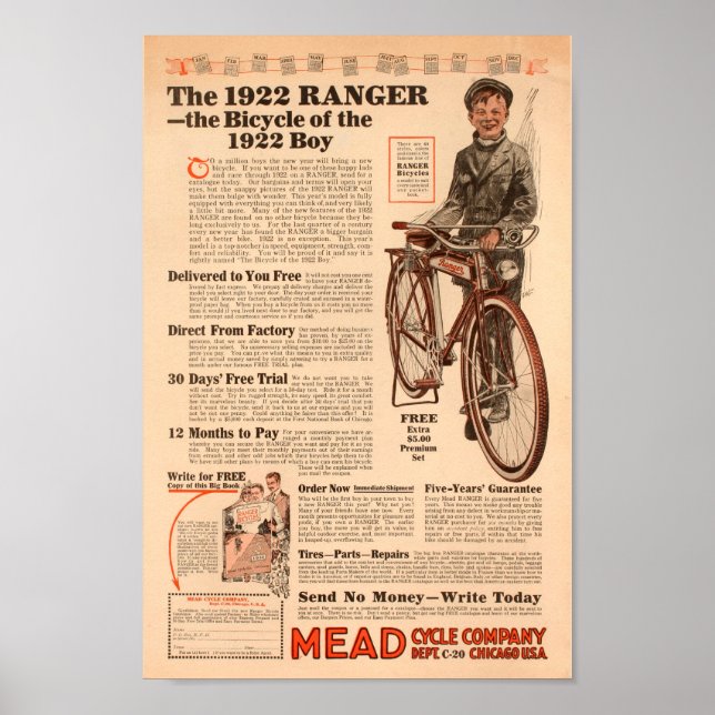 1922 Vintage Boys Ranger Bicycle Ad Art Poster (Front)