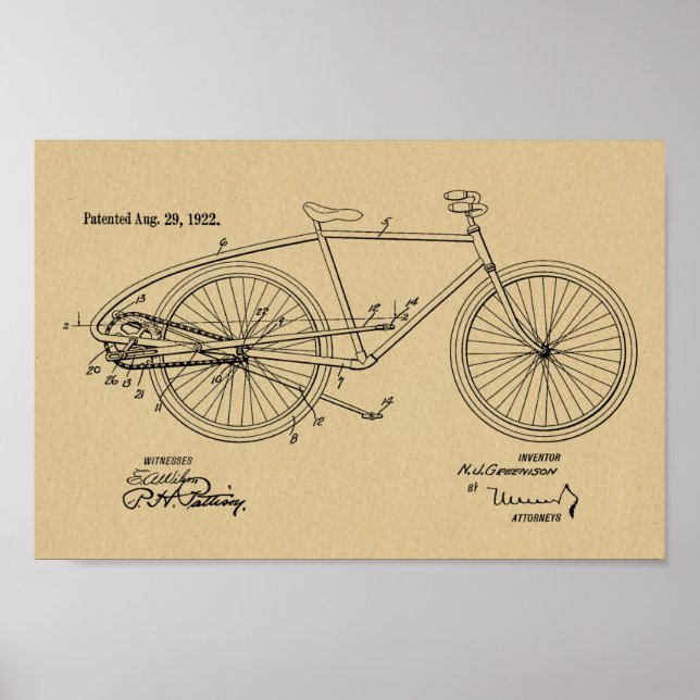 1922 Vintage Pedal Bicycle Design Patent Art Print (Front)