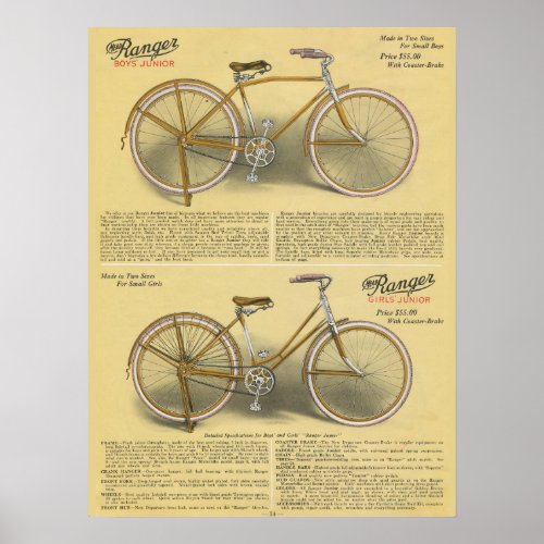 1923 Boys Girls Ranger Bicycle Ad Art Poster