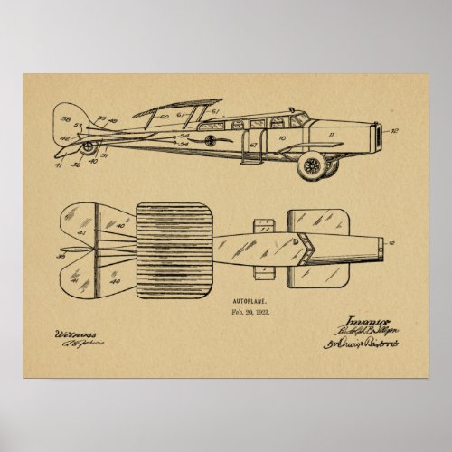 1923 Flying Car Autoplane Patent Art Drawing Print