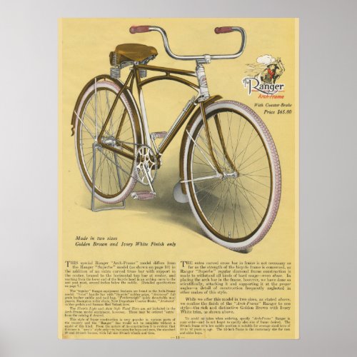 1923 Ranger Arch Frame Bicycle Ad Art Poster