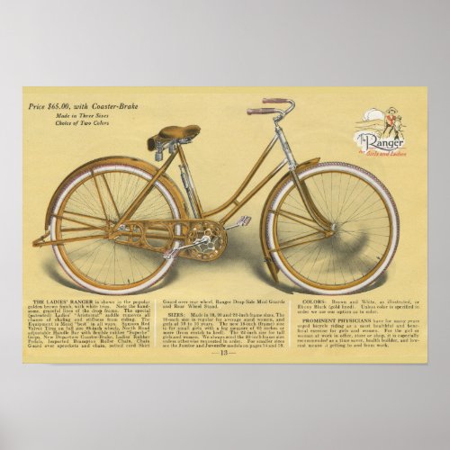 1923 Vintage Ladies Ranger Bicycle Ad Art Poster