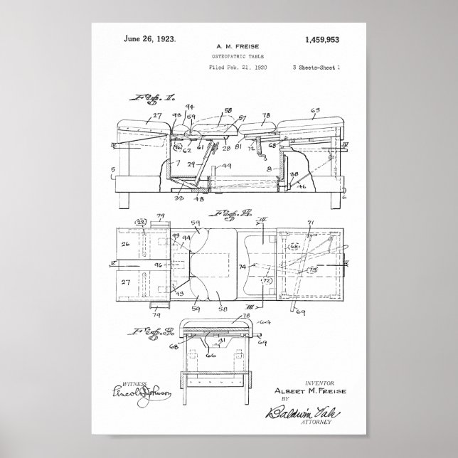 1923 Vintage Osteopathic Table Patent Art Print (Front)