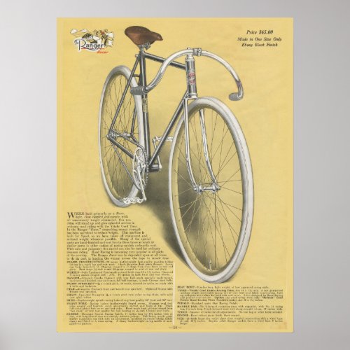 1923 Vintage Ranger Racer Bicycle Ad Art Poster
