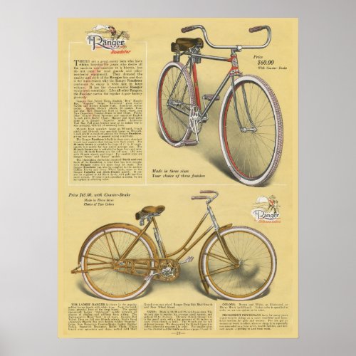 1923 Vintage Ranger Roadster Bicycle Ad Art Poster