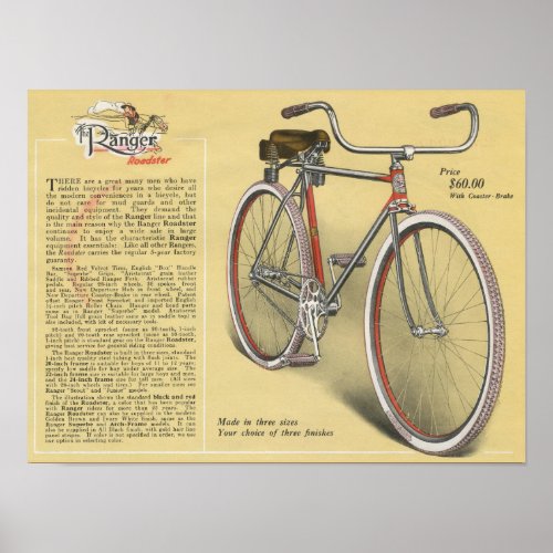 1923 Vintage Ranger Roadster Bicycle Ad Art Poster