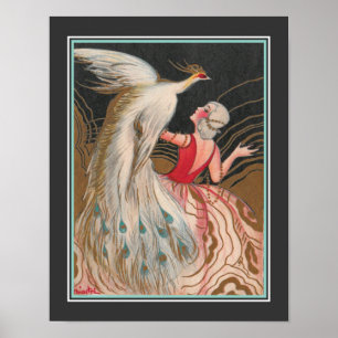 1924 Art Deco "Girl With White Peacock" Poster