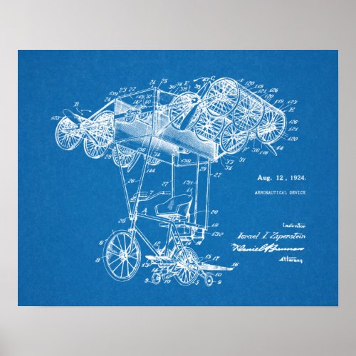 1924 Flying Bicycle Airplane Patent Art Drawing Poster