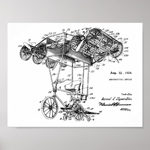 1924 Flying Bicycle Airplane Patent Drawing Print