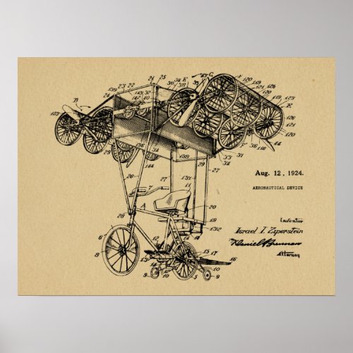 1924 Flying Bicycle Airplane Patent Drawing Print