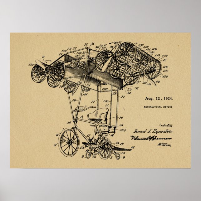 1924 Flying Bicycle Airplane Patent Drawing Print (Front)