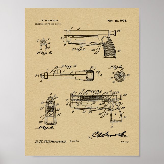 1924 Knife Gun Patent Art Drawing Print (Front)