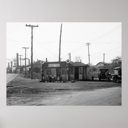 1925 Gas Station and Cars Poster