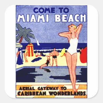 1925 Miami Beach Travel Poster Square Sticker by historicimage at Zazzle