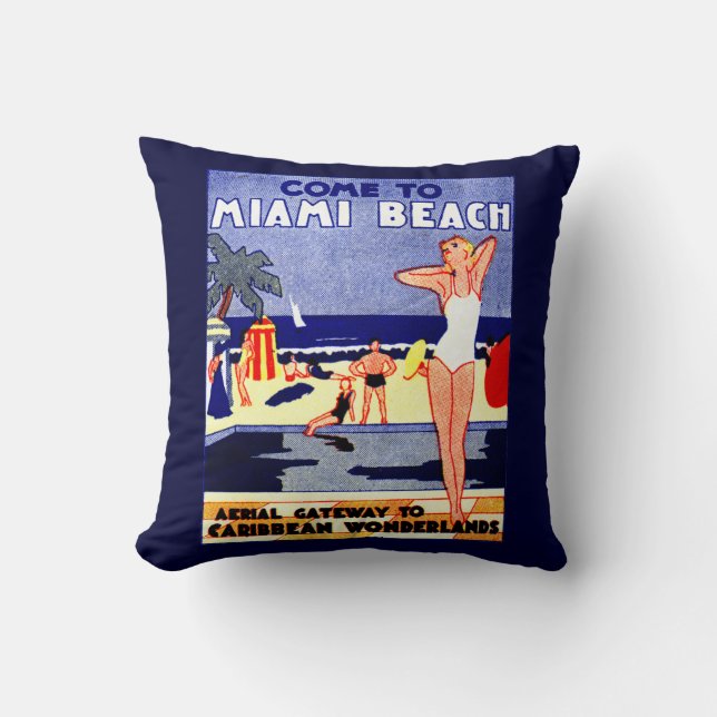1925 Miami Beach Travel Poster Throw Pillow (Front)