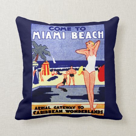 1925 Miami Beach Travel Poster Throw Pillow