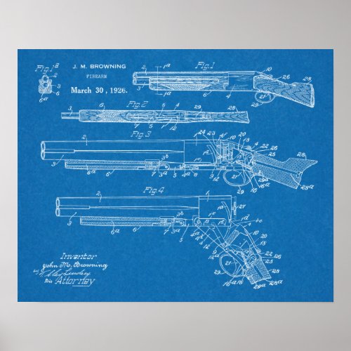 1926 Browning Shotgun Patent Art Drawing Print