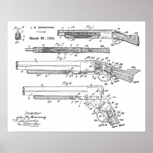 1926 Browning Shotgun Patent Art Drawing Print