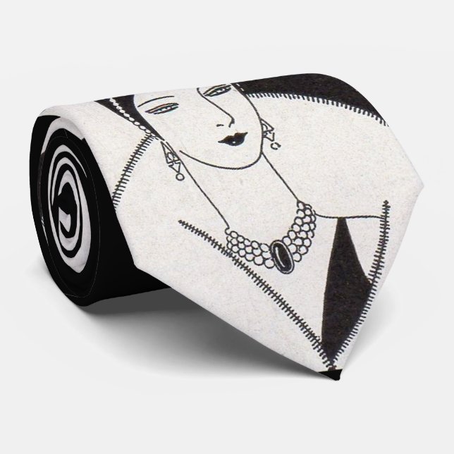 1928 art deco woman print neck tie (Rolled)