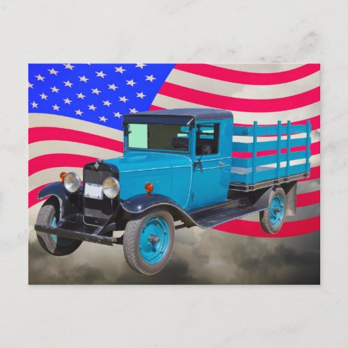 1929 Chevy 1 Ton Truck and American Flag Postcard