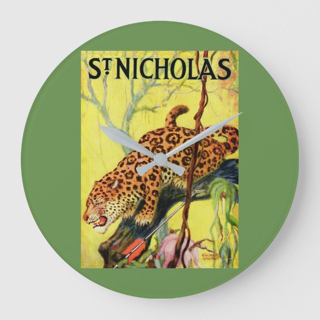 1929 St. Nicholas magazine cover leopard Large Clock (Front)