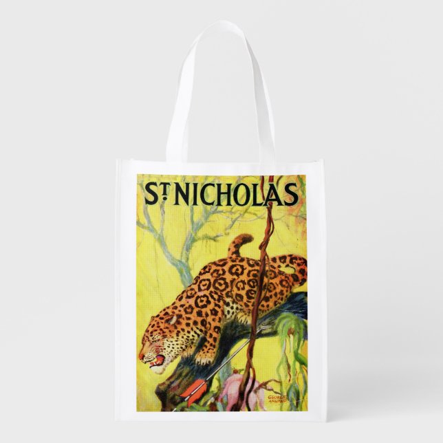 1929 St. Nicholas magazine cover leopard Reusable Grocery Bag (Front)