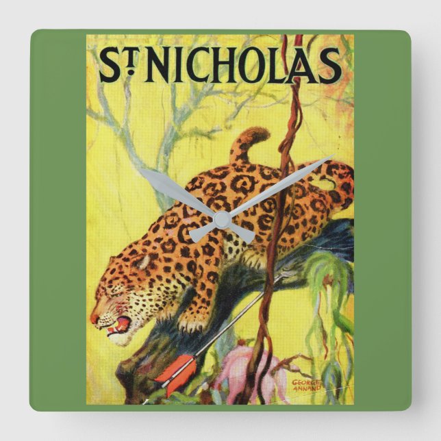 1929 St. Nicholas magazine cover leopard Square Wall Clock (Front)