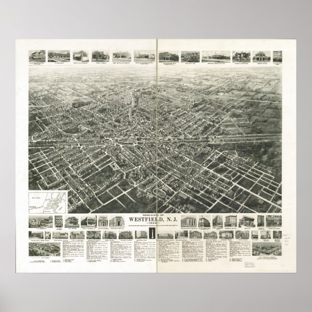1929 Westfield, NJ Birds Eye View Panoramic Map Poster (Front)