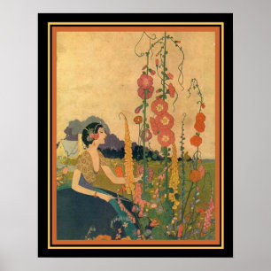 1930 Deco Print "Girl in a Flower Garden" 16 x 20