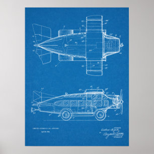 1930 Flying Car Airplane Patent Art Drawing Print